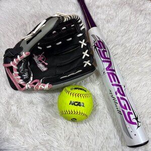 3 PC Easton Synergy Bat + Rawlings Glove + Worth NCAA Ball Softball Set